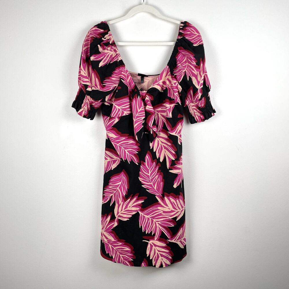 Who What Wear Floral Puff Sleeve Mini Dress Womens M Pink Black Linen Blend